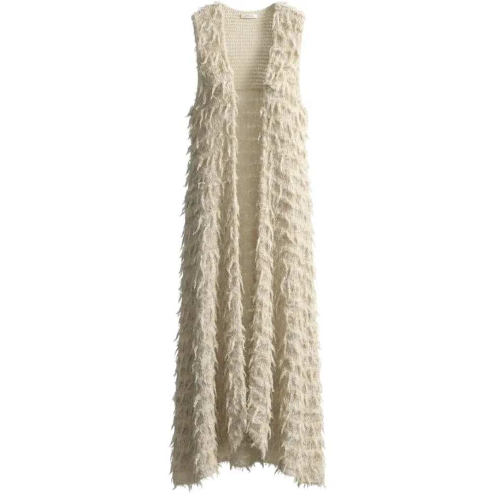 Free People Ivory Shaggy Eyelash Knit Longline Vest Sleeveless Cardigan Small